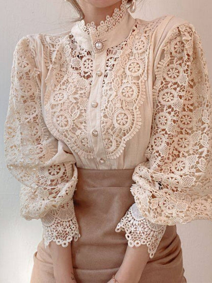 Button-up Lace Openwork Floral Patchwork Shirt
