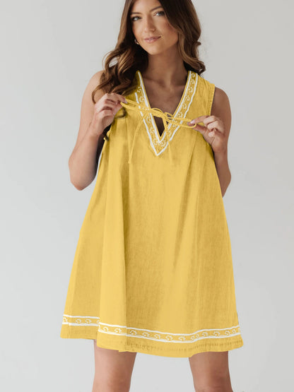 Denim Embroidery Openwork Tie V-neck Sleeveless Mini&Short Dresses