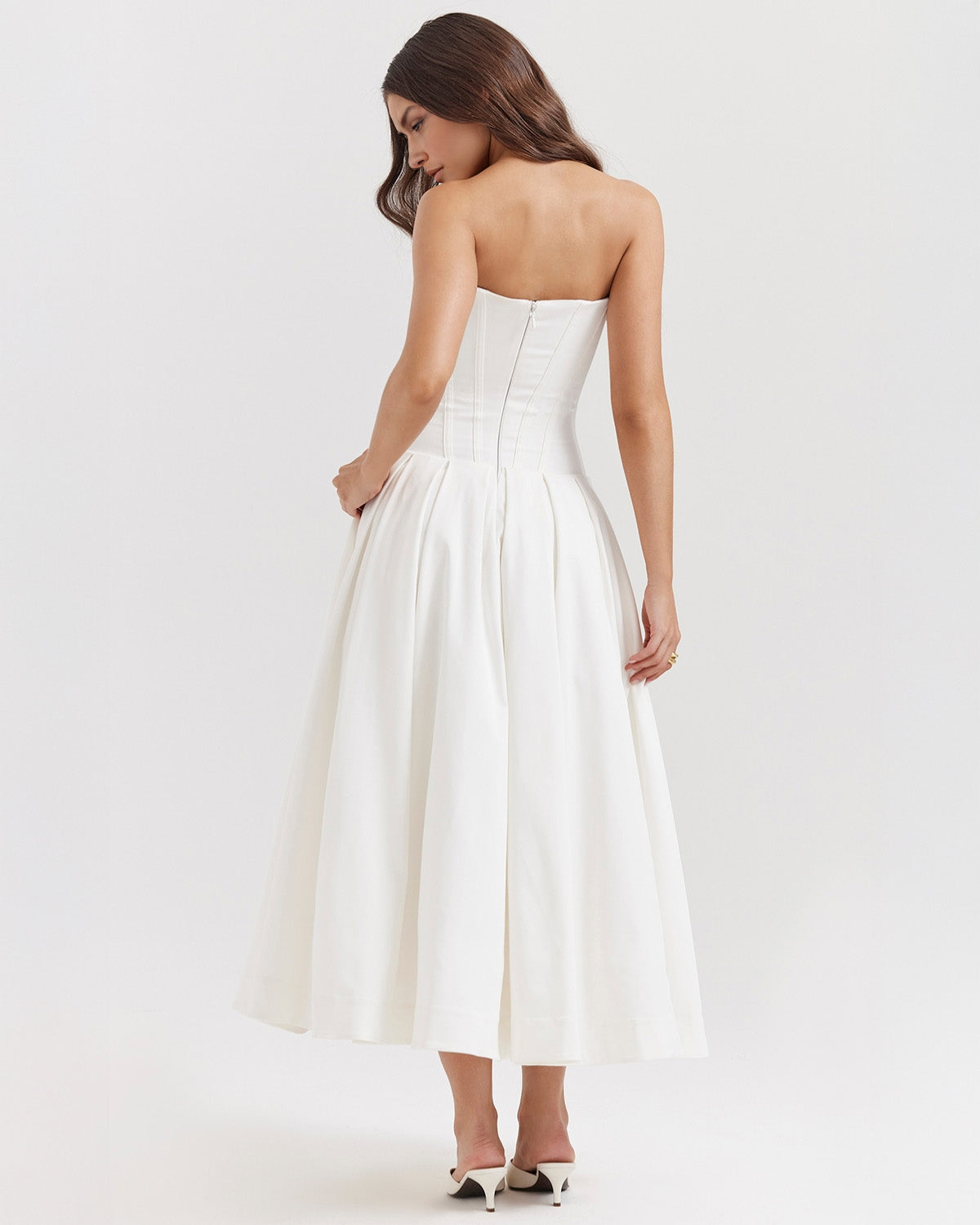 Strapless Corset Plunging Sweetheart Neck Pleated Full Skirt Pocket Midi Dress