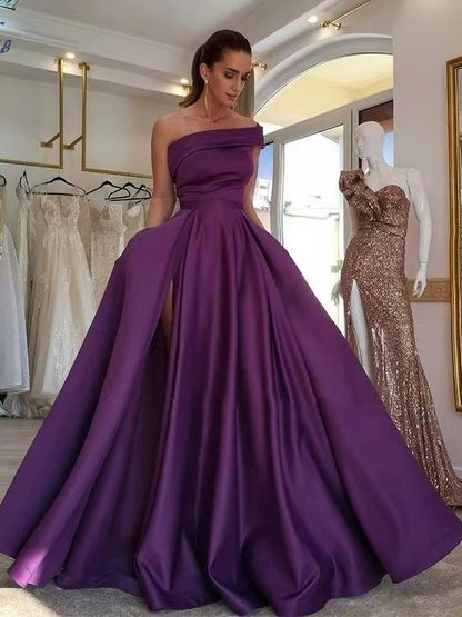 One-shoulder Satin Sequined Slit Maxi Dress