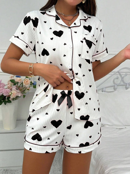 Heart-print Cardigan With Collar And Button-down Short Sleeves And Shorts, Two-piece Loungewear Set