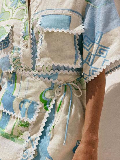 Trim Geometric Print Stylish Shirt And Shorts Two-piece Set