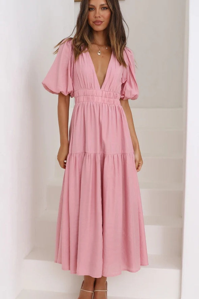 V Neck Puff Sleeve Smocked Empire Waist Tiered Midi Dress