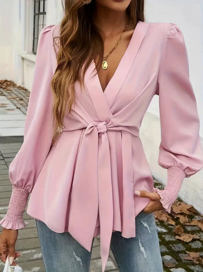 V-neck Tie-waist Solid Color T-shirt