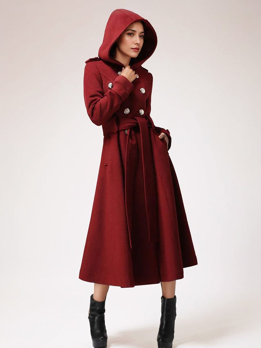 Double-breasted Woolen Coat With Hood Burgundy Belted Winter Long Outerwear For Women 2026