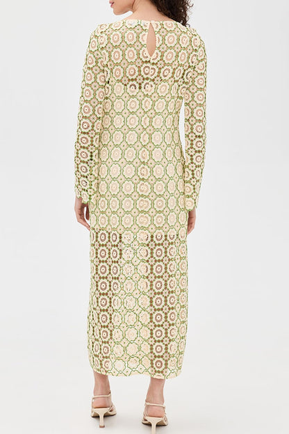 Summer Fashion Floral Crochet Cutout Fabric Long Sleeve Slit Vacation Midi Dress