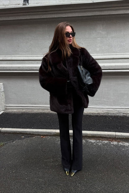 Faux Fox Fur Wide Collar Fashionable Plush Winter Coat