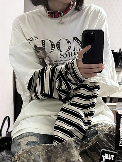 Fake Two Piece Stripe Oversized Long Sleeves Tee