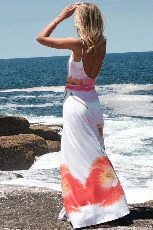 Scoop Neck Spaghetti Strap Oversized Poppy Floral Print Maxi Dress