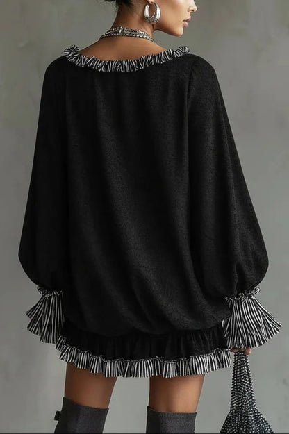 Fashionable Patchwork Ruffled Loose Long-sleeved Casual Mini Dress