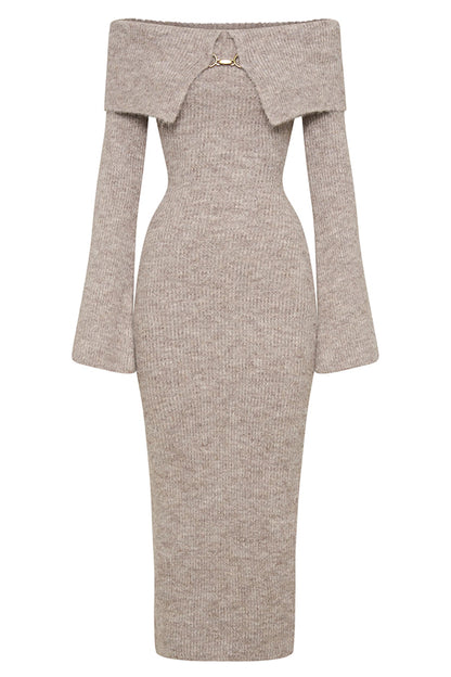 Solid Color Off-shoulder Long-sleeved Elegant Slim-fit Knit Maxi Dress