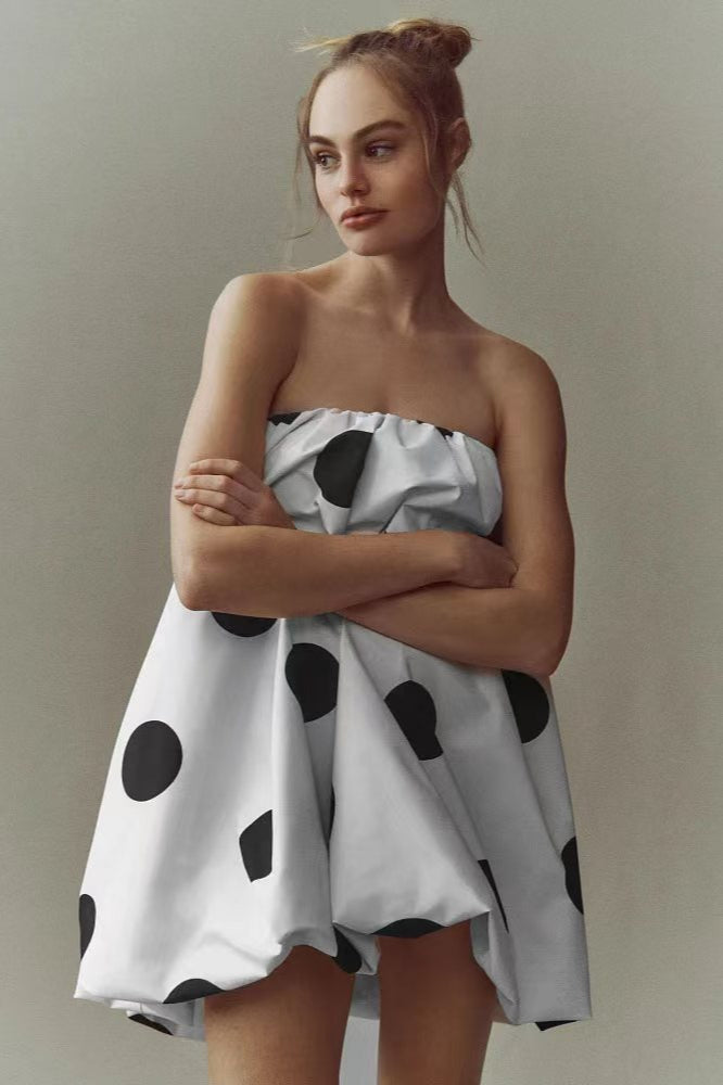 Polka Dot Strapless Gathered Bubble Hem Tent Mini Dress