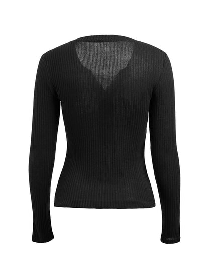 Lace Paneled Button Long Sleeve Knit Top