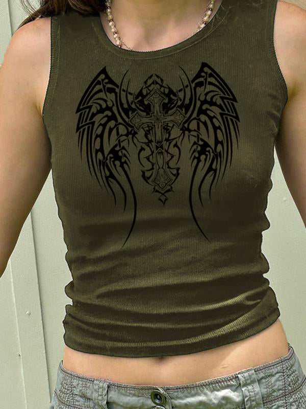 Dark Style Cross Wings Print Ribbed Cropped Tank Top