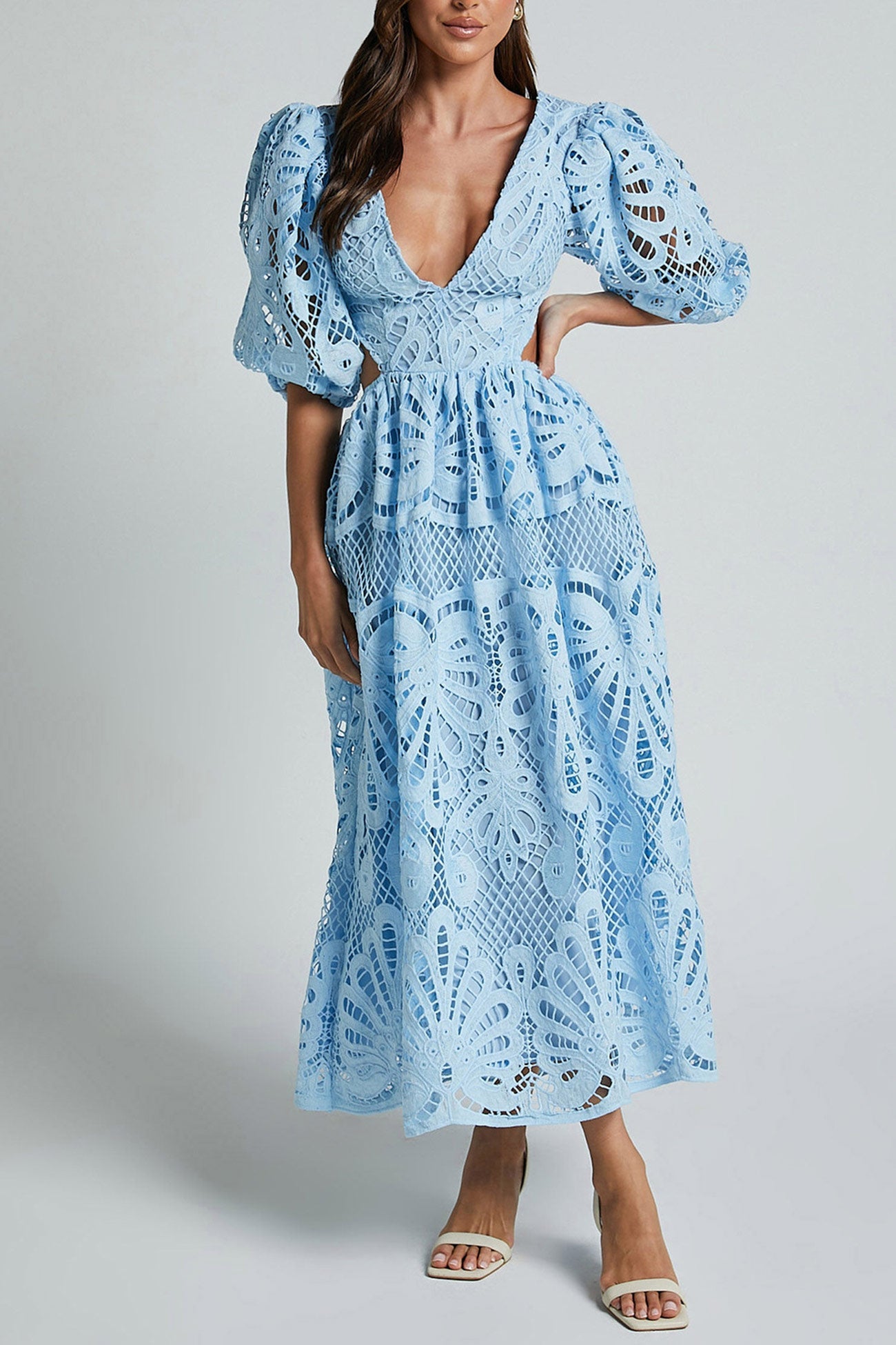 V-neck Lace Embroidery Hollow Waist Dress