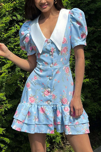 V-Neck Puff Sleeve A-line Ruffle Mini Dress