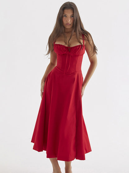 Summer Dress Sleeveless Straps Neck Chic Lace Up Midi Dress For Women