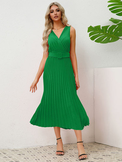 Sleeveless Party Dress V-Neck Accordion Belted Pleated Skirt Midi Dresses
