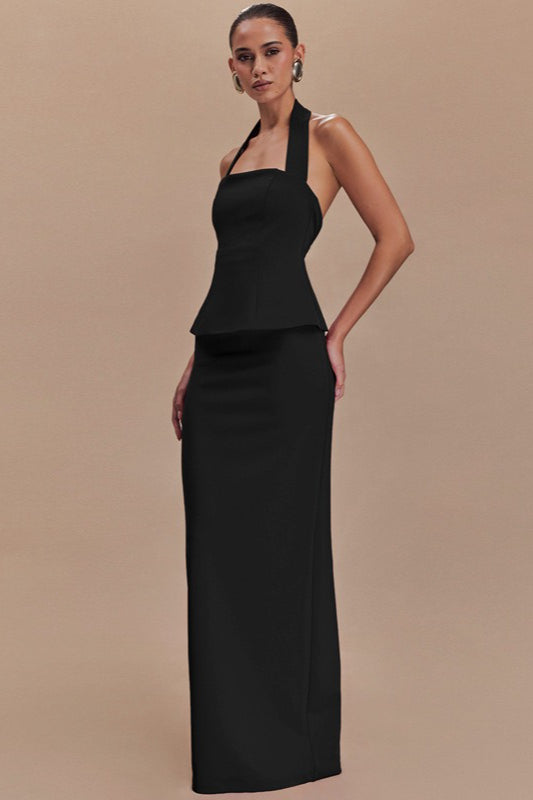 Square Neck Halter Peplum Top Column Maxi Skirt Set