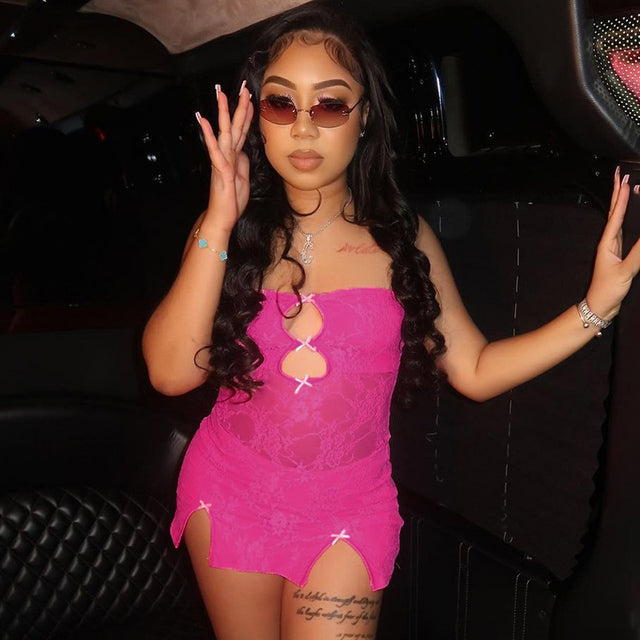 Sexy Lace Patchwork Cut Out Mini Dress Women Stunning Wrapped Backless Slit Bodycon Sundress 2024 Summer Nightclub Wear