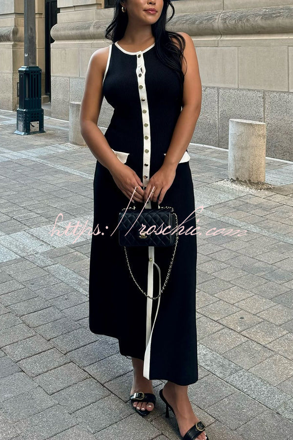 Elegant Slim Fit Crew Neck Buttoned Sleeveless Knit Midi Dress