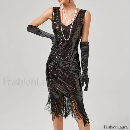 1920s Vintage Flapper Great Gatsby Party V-Neck Sleeveless Sequin Beaded Tassel Sun Vestidos Prom Dress