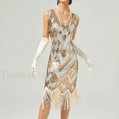 1920s Vintage Flapper Great Gatsby Party V-Neck Sleeveless Sequin Beaded Tassel Sun Vestidos Prom Dress