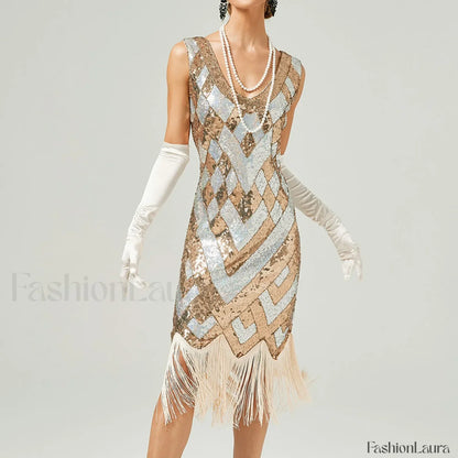 1920s Vintage Flapper Great Gatsby Party V-Neck Sleeveless Sequin Beaded Tassel Sun Vestidos Prom Dress
