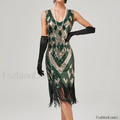 1920s Vintage Flapper Great Gatsby Party V-Neck Sleeveless Sequin Beaded Tassel Sun Vestidos Prom Dress