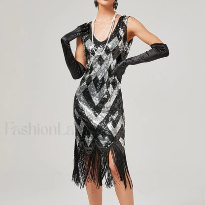 1920s Vintage Flapper Great Gatsby Party V-Neck Sleeveless Sequin Beaded Tassel Sun Vestidos Prom Dress