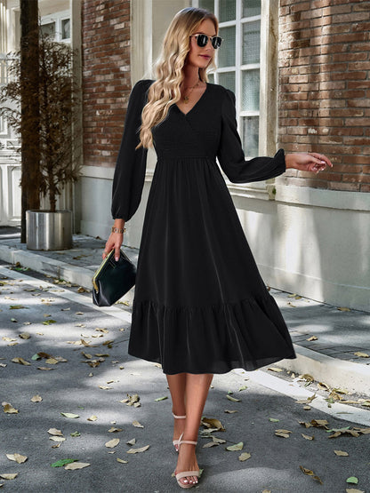 Midi Dress V Neck Lantern Sleeves Pleated Flared Daily Casual Dresses