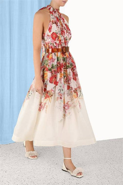 Floral Sleeveless Pleated Halter Neck Midi Dress