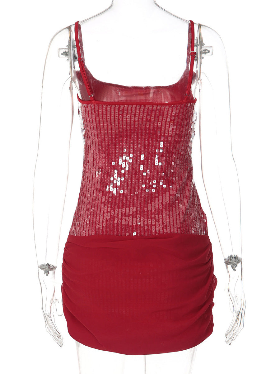 Rose Detail Sequin Square Neck Bodycon Mini Party Dress For Women 2026