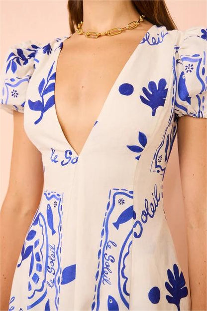 Floral V-Neck Puff Sleeve Midi Dress