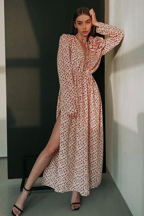 Micro Floral Print Tie-Front Deep V-Neck Side Slit Floral Applique Maxi Dress