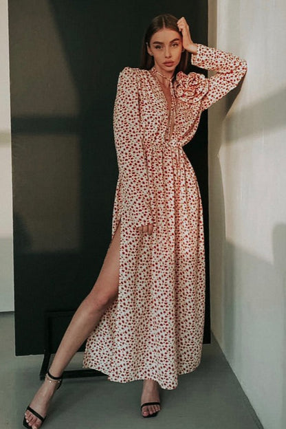 Micro Floral Print Tie-Front Deep V-Neck Side Slit Floral Applique Maxi Dress