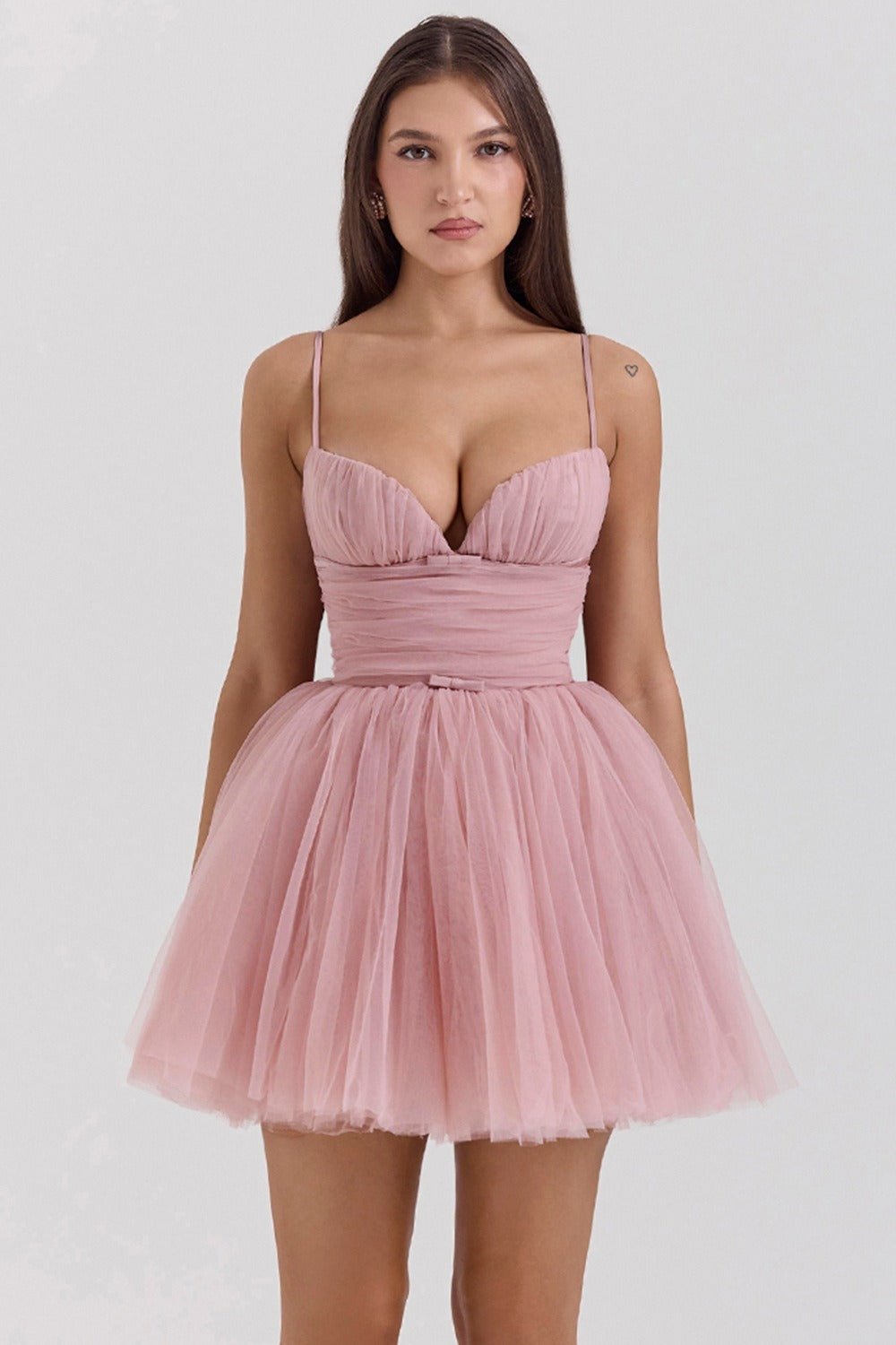 Tulle Sweetheart Neck Bow Detail Ruched Bodice Tutu Mini Dress