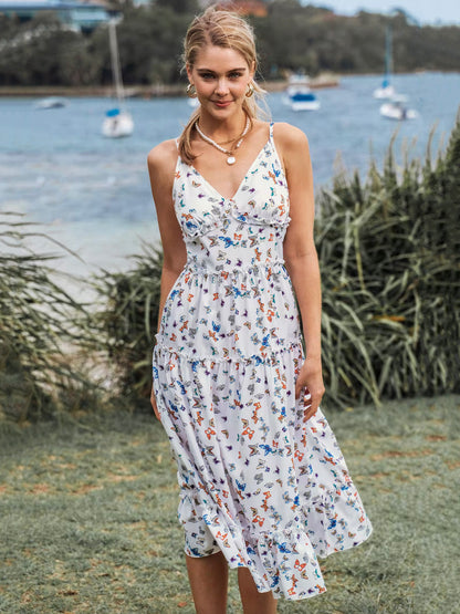 Summer Midi Dress White V-Neck Animal Print Beach Dress
