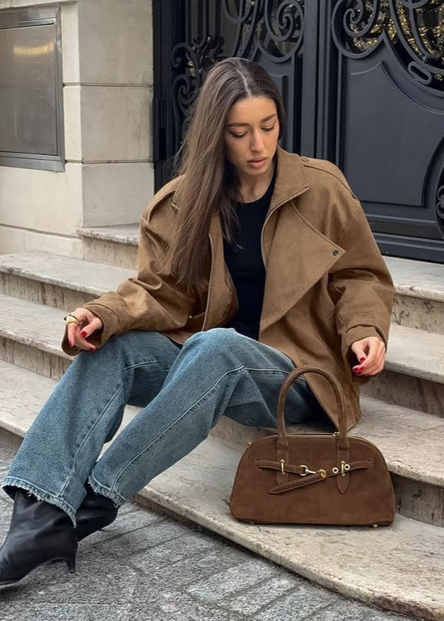 Sienna Faux Suede Bomber Jacket – Oversized Zip-Up with Drop Shoulders