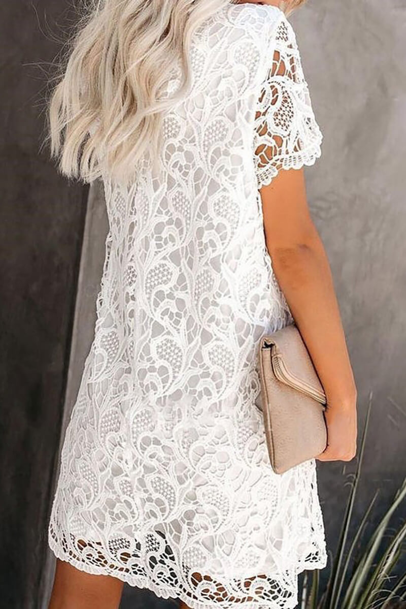 Floral Lace Round Neck Short Sleeve Scalloped Hem Shift Mini Dress