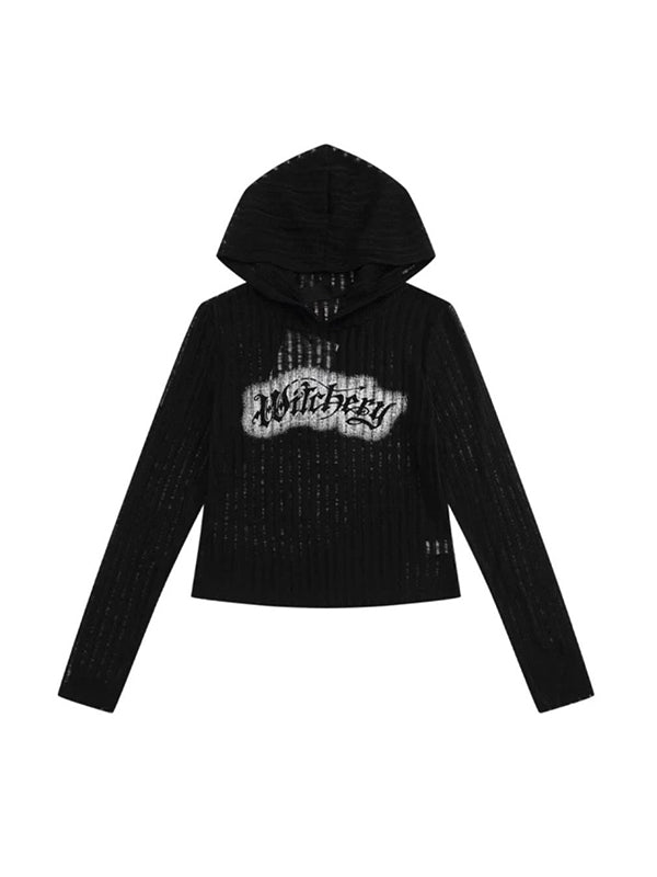 Letter Print Hooded Thin Long Sleeve Knit