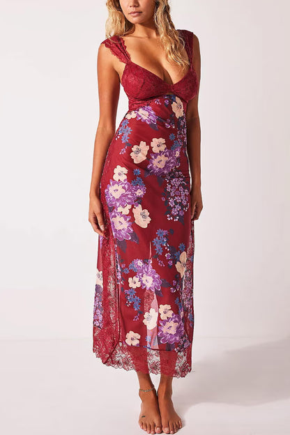 Floral Print Lace Patchwork Hollow-out Slim-fit Midi Dress
