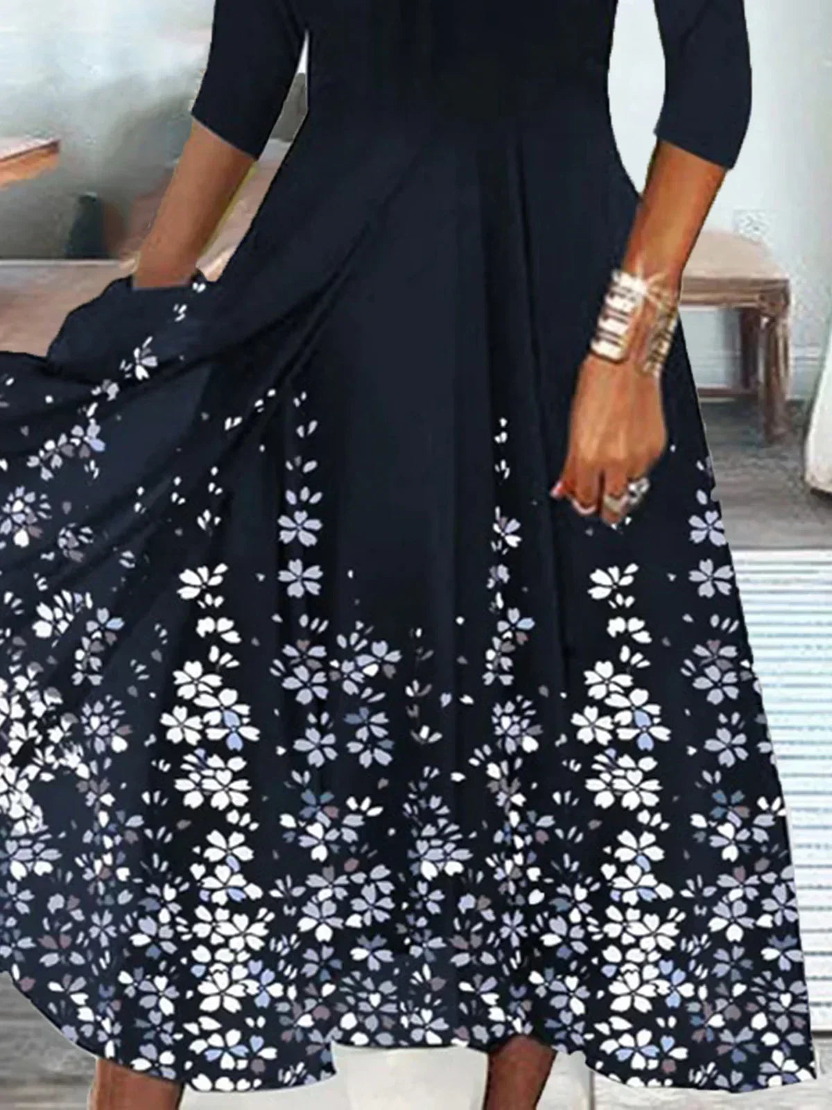 Scalloped V-Neck Three-Quarter Sleeve Floral Border Print A-Line Midi Dress