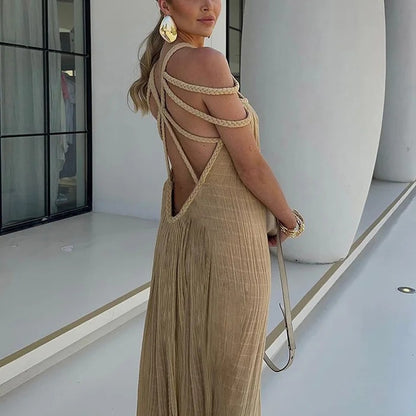 Modern and Sophisticated Linen Blend Draped Braids Cover Up Maxi Dress