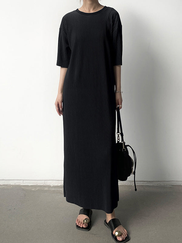Half Sleeves Loose Pleated Solid Color Round-Neck Midi Dresses