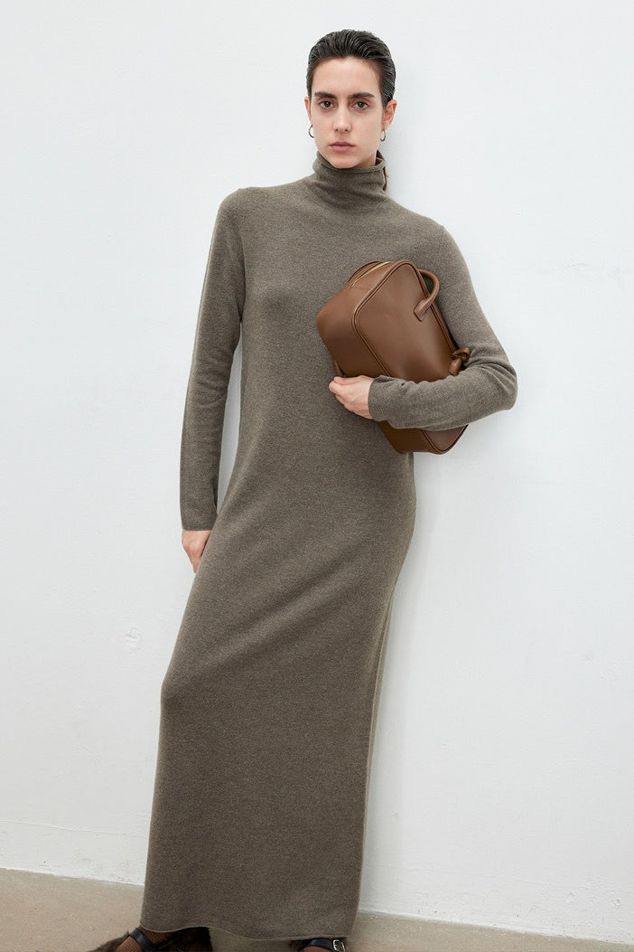 Turtleneck Long Sleeve Column Belted Knit Maxi Dress