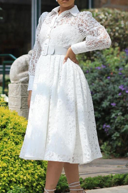 Casual Elegant Lace Swing Midi Dress
