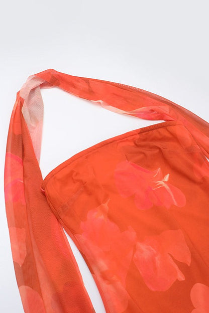 Strapless Tropical Floral Mesh Ruched Neck Scarf Detail Mermaid Maxi Dress