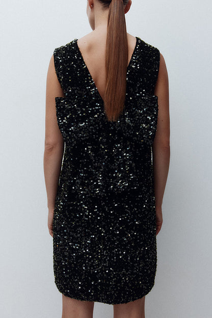 Glam Season Velvet Sequin Back Oversized Bow Design Sleeveless Loose Mini Dress