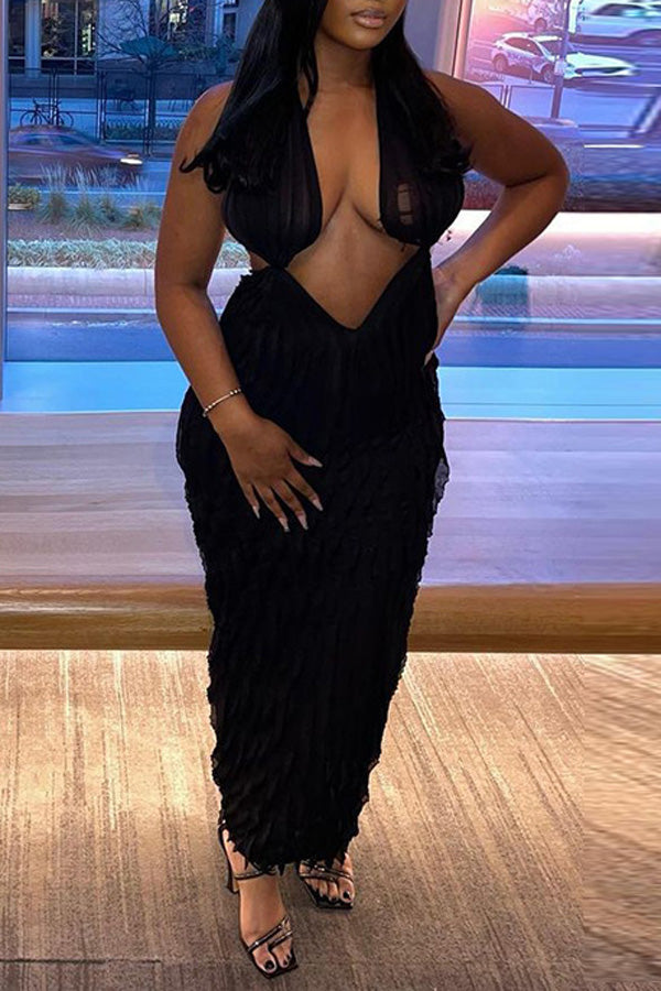 Wavy Pattern Sexy Wrap-Breast Strappy Maxi Dress